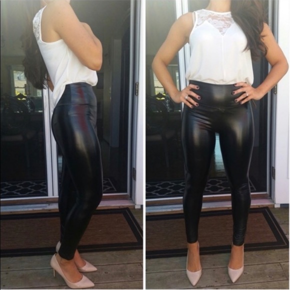 High Waist Rise Faux Vegan Leather Leggings Lined Sexy BLACK - Picture 2 of 5